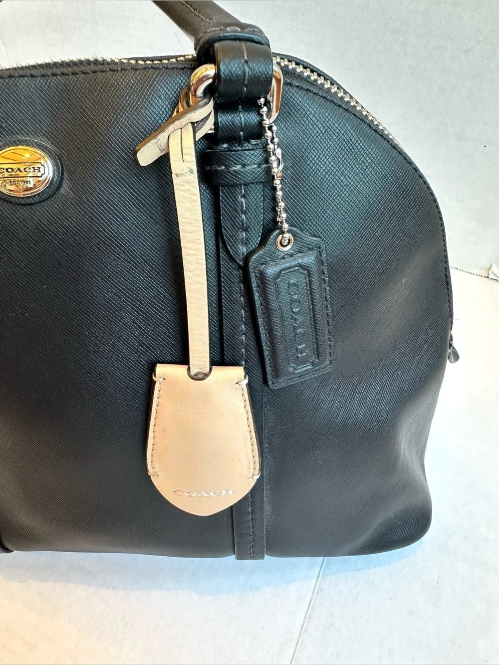 Coach Cora Peyton Black Saffiano Leather Domed Satchel Crossbody Bag Classic